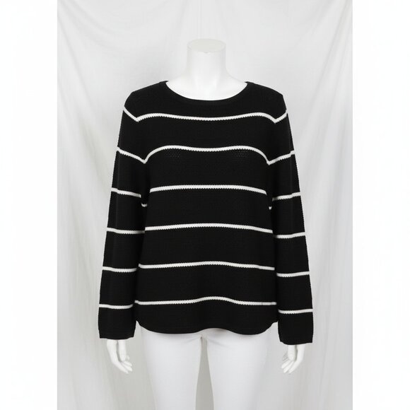 Chico's Women's Black and White Striped Waffle Knit Crewneck Sweater M - Picture 2 of 13